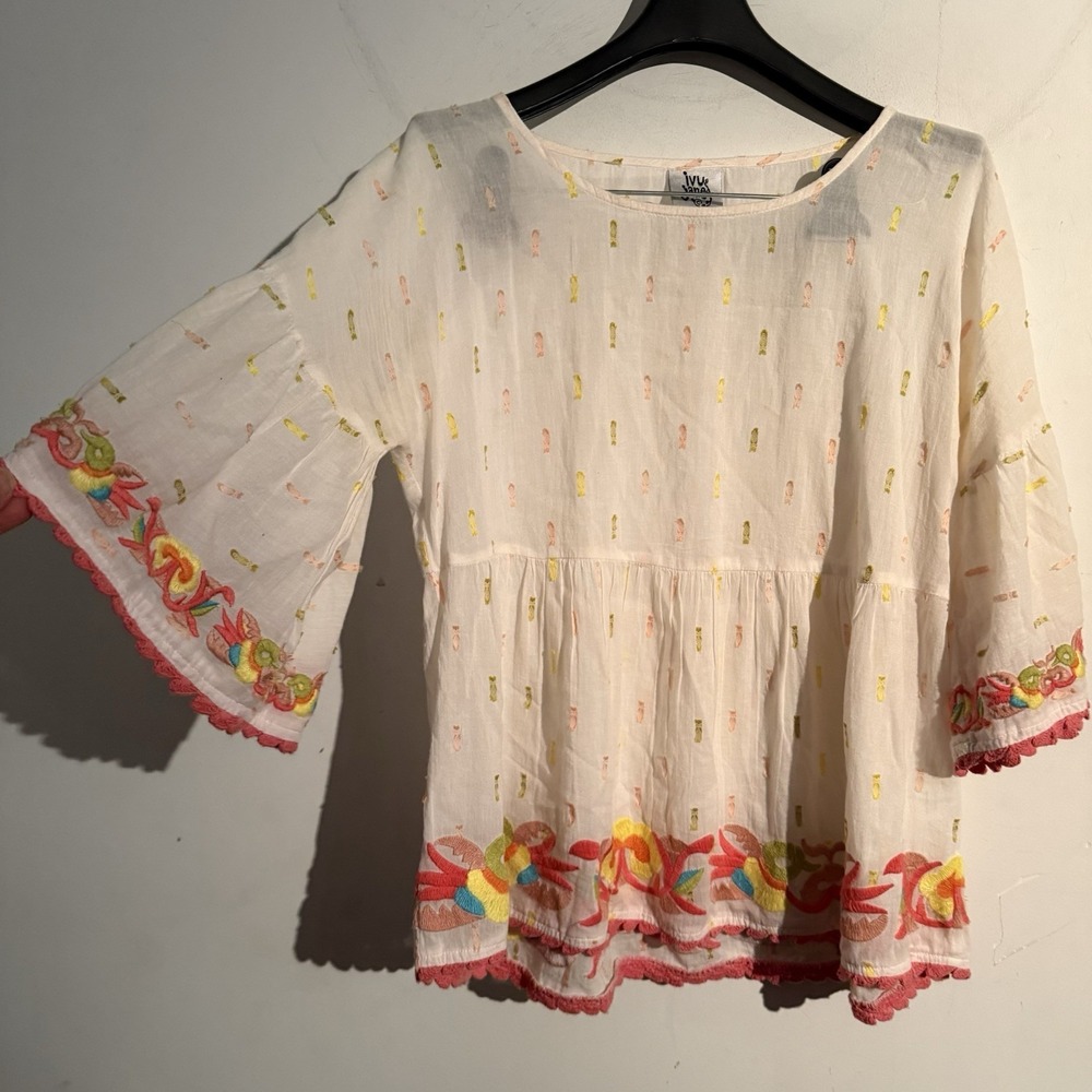 Ivy Jane XS Boho Top Colorful Embroidered Bell Sleeve Scalloped Trim